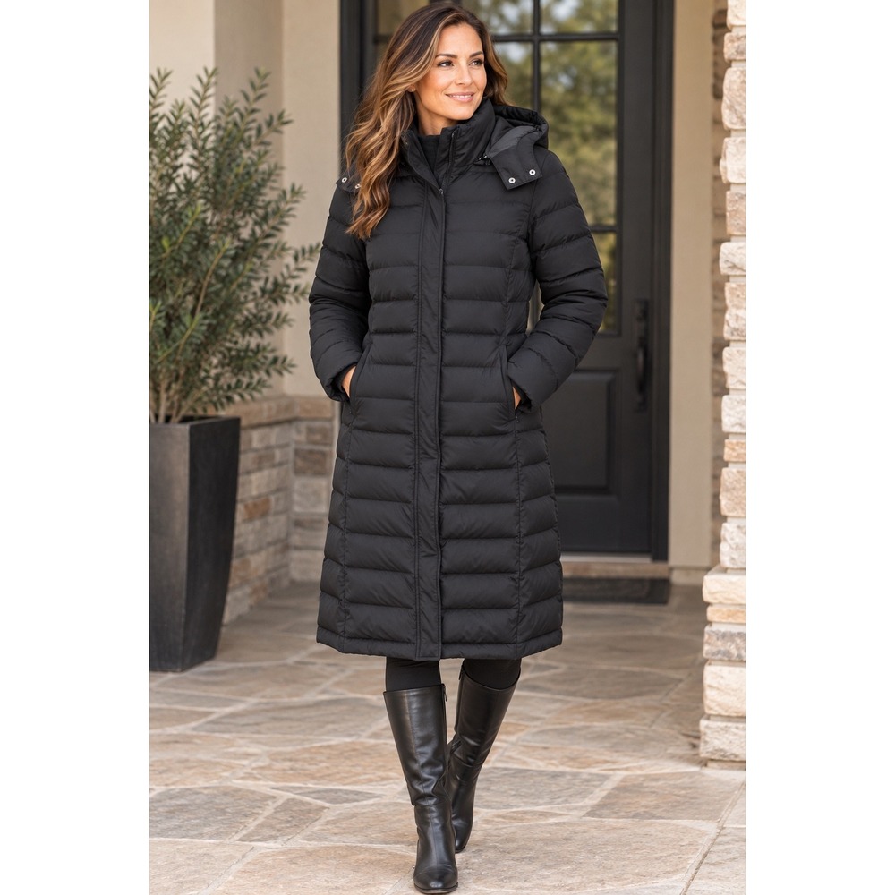 Garnet Hill Long Down Puffer Coat Black Hooded Parka Size 12